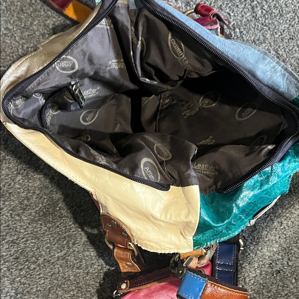 Multicolor Patchwork Real Leather Tote Bag/ Cross… - image 3